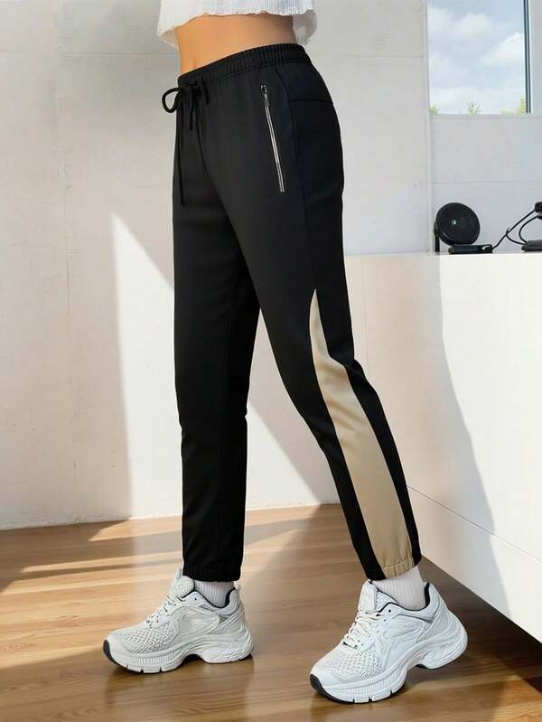 Women's Colorblock Drawstring Jogger Pants - Fall Winter Casual Cuffed Track Trousers With Zip Pockets