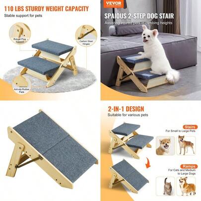 Wood Pet Stairs Pet Steps 2in1 Foldable Wooden Dog Stair For Beds Sofa And Cars Dog Stairs And Ramp With 2 Steps For Small Medium Large Pet Up To 110 Lbs