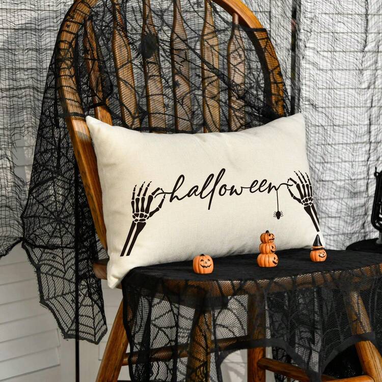 1pc Lying Skeleton Pillowcase, Black And White Star Horror Throw Pillow Cover, Dark Decor Lumbar Pillowcase, Suitable For Sofa Decoration, Single-Sided Without Inner Core - Black and White - View 4