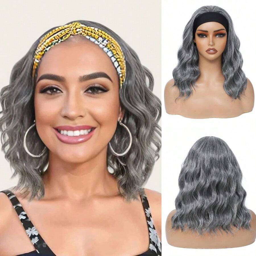 QY Grey Headband Wig Short Wavy Headband Wigs For  Natural Curly Wigs With Headband Shoulder Length Wigs Grey Color 14 Inch Glueless Wigs For Daily Wear 6805