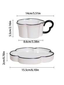 1pc Minimalist Retro Black & White Floral Rim Mug, Korean Ins Style Ceramic Cup & Saucer, Niche Creative Flower Plate, Black Rim Fruit Plate, Afternoon Tea Flower Tea/Coffee Cup, Garden Party Dining, Holiday Gift