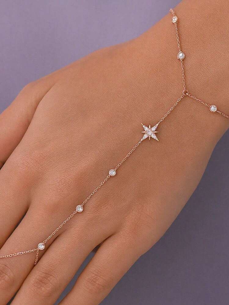 1pc Fashionable Octagram Rhinestone Knuckle Ring Bracelet, Elegant Design For Women, Suitable For Summer Beach Vacation - Eight-pointed Star - View 12