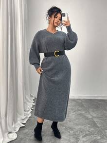 Women's Solid Color Round Neck Drop Shoulder Long Sleeve Maxi Casual Sweater Dress, Suitable For Daily Wear, Autumn/Winter