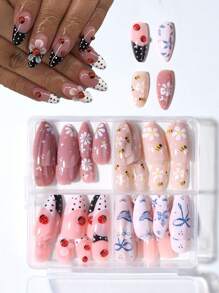 96 件（4 种混合）长杏仁 3D 凝胶指甲制作可爱的瓢虫和蜜蜂花朵指甲设计白色法式亚克力按压指甲长完美贴合假指甲套装，包括：1 件果冻胶和 1 件指甲锉，易于佩戴的花朵指甲和夏季指甲艺术适合女士女孩日常工作穿着狂欢派对使用指甲用品指甲