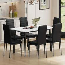 Dining Table And Chairs Set Of 6, 120CM Marble Effect Dining Table With 6 Faux Leather High Back Dining Chairs,Modern Dining Table Set For Home/Kitchen Office - White Table and 6 Black Chairs - View 4