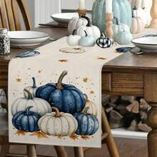 1pc/10pcs Pumpkin Pattern Table Runner, Thanksgiving Table Runner, Thanksgiving Blue & White Table Runner, Blue & White Table Runner, Ocean Holiday Table Runner, Autumn Harvest Table Runner, Seasonal Home Decor, Farmhouse Style, Faux Linen Material, 33*91CM/33*183CM/33*274CM, 3 Size Options, Indoor/Outdoor Home Decor, Party Supplies, Pumpkin Theme Decoration, Room Decor. Suitable For Home Kitchen Decor And Event Party Decoration - Multicolor - View 8