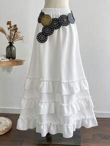 Rusttydustty Váy Maxi Xếp Tầng Màu Trắng Cạp Cao Dài Nhiều Lớp Xòe Phồng Cho Nữ - trắng - Xem 1