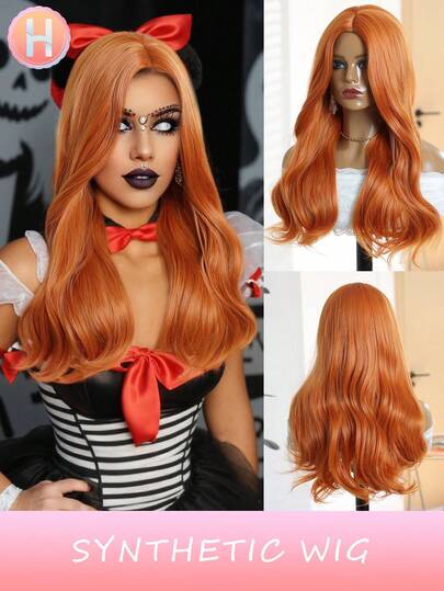 20 英寸橙色波浪中长发万圣节、化妆舞会装扮、节日角色扮演头带。万圣节合成纤维耐热假发全机器制造，适合日常聚会，高品质女士天然美丽合成柔软假纤维假发圣诞节
