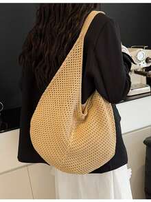 Large Capacity Crochet One Shoulder Tote Bag - Lightweight, Multifunctional Knitted Handbag, Beige, Pink, Brown, Black, Suitable For Travel, Beach, Vacation And Daily Use, Large Tote Bag