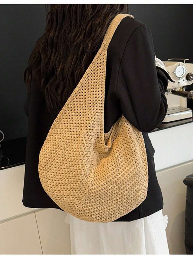 Túi tote móc len đeo vai dung tích lớn - Túi xách đan nhẹ, đa chức năng, màu be, hồng, nâu, đen, phù hợp cho du lịch, đi biển, kỳ nghỉ và sử dụng hàng ngày, túi tote cỡ lớn, túi đi biển. - Màu Khaki - Xem 4