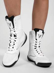 TACHUAN Sapatos de boxe profissionais de cano alto masculinos, botas de treino de luta livre, sapatos de kickboxing de Muay Thai, tênis de artes marciais fitness - Branco - Ver 7
