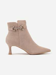 Botas de salto alto com fivela de strass - Caqui - Ver 3