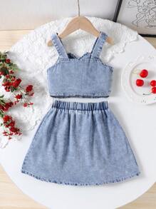 2pcs Young Girl Retro Cherry Embroidery Sleeveless Denim Tank Top And Denim Pleated Skirt Set, Summer