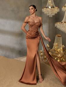 Faeriesty Đầm dạ hội trễ vai đính sequin viền satin tương phản - Đồng - Xem 2