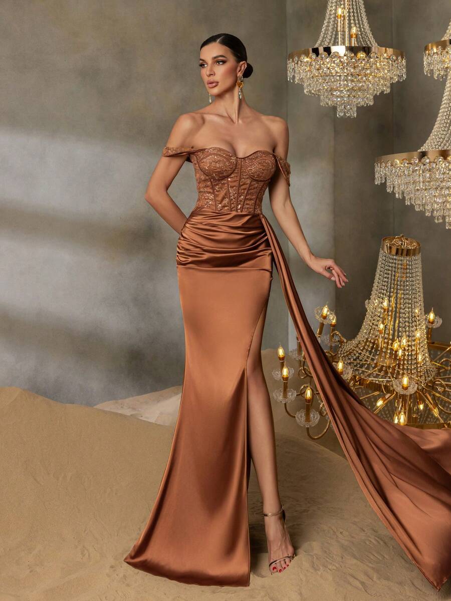 Faeriesty Đầm dạ hội trễ vai đính sequin viền satin tương phản