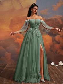 VIPGIRL Off-Shoulder Green Sheer Evening Gown, Decorated With Floral Appliques, Romantic Formal Dress, Fairy Princess Formal Gown, High Slit Dress, Garden Wedding Guest Dress, Elegant A-Line Sheer Dress - Green - View 9