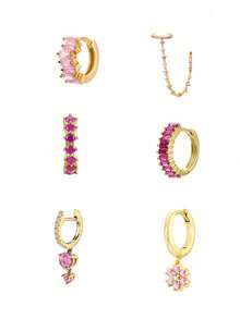 6Pcs Lovely Gold Plated Cubic Zirconia Dangle Earrings For Women Pink Zirconia Flower Hoop Earrings Set Fashion Jewelry
