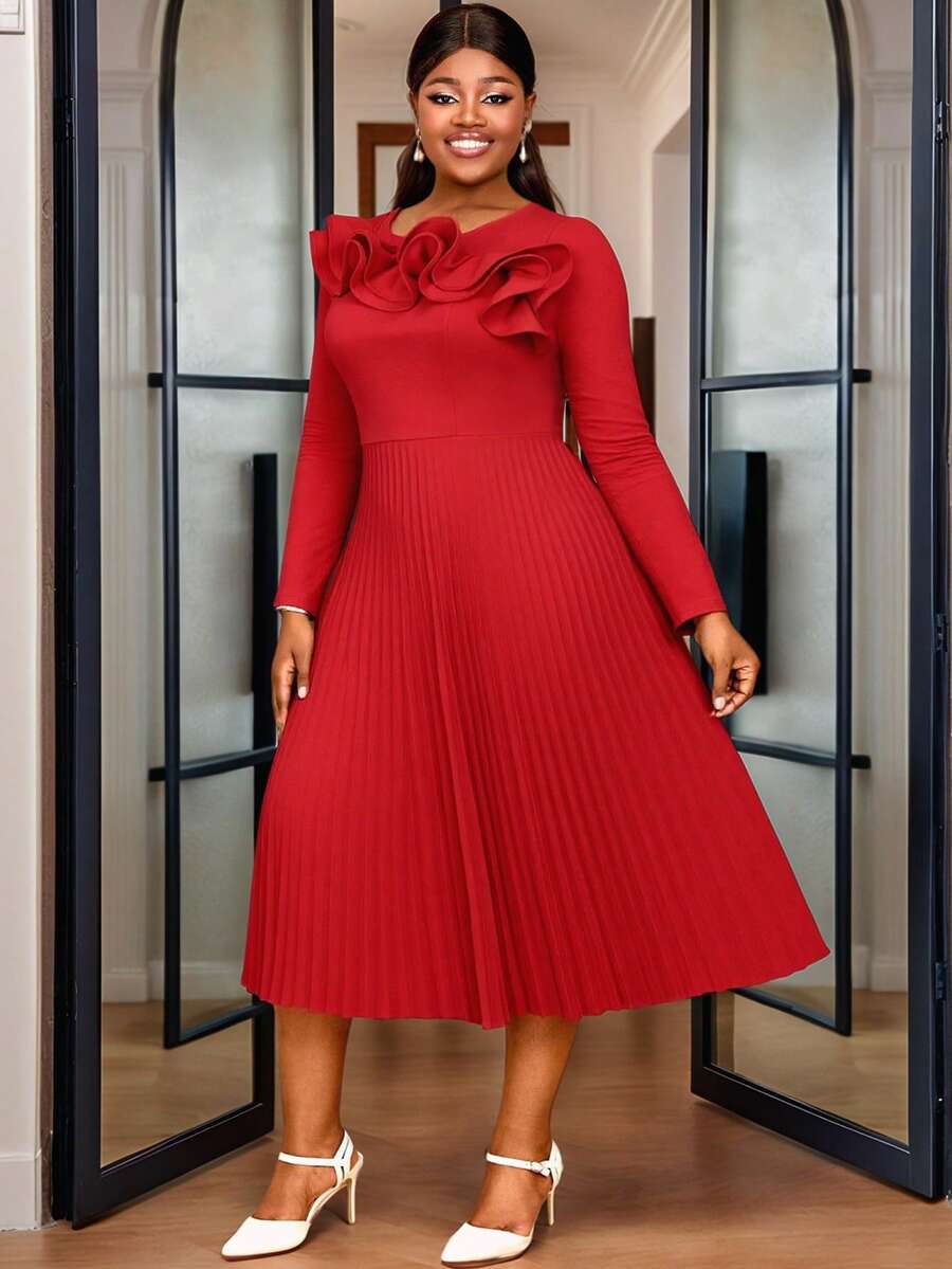 Plus Size Women Clothes Elegant Midi Party Or Work/Office Red Dresses For Women Long Sleeves Ruffled A Line Pleated Semi Formal Wedding Guest Dress New Year Dress - 紅色 - 查看 1