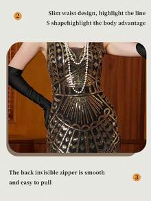1920s Vintage Sequin Beaded Dress, Plus Size Black With Gold, Suitable For Parties, Weddings, Guest Occasions - Black - View 3