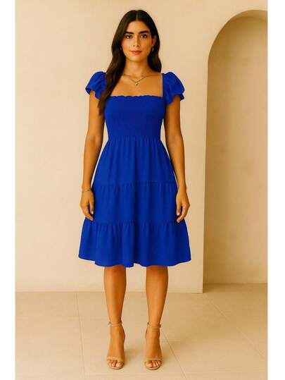 Vestido casual y versátil corto de mujer, fresco, con ligado en el busto para mejor ajuste, permite una talla xs hasta xl, falda de campana con olanes.