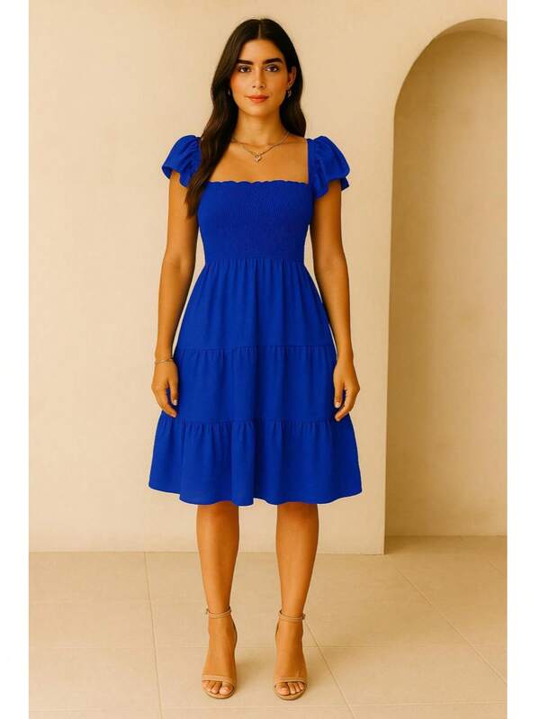 Vestido casual y versátil corto de mujer, fresco, con ligado en el busto para mejor ajuste, permite una talla xs hasta xl, falda de campana con olanes.