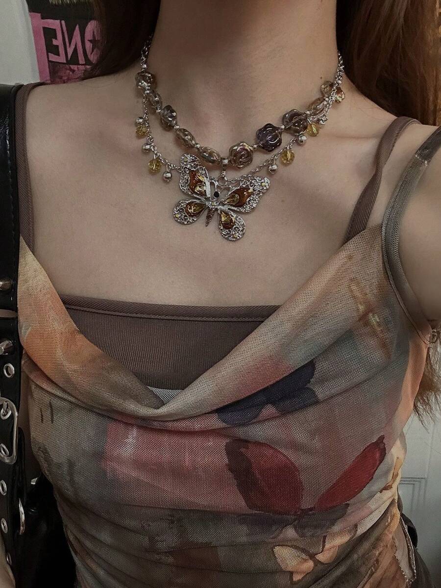 1pc Vintage Butterfly Flower Necklace For Women, Punk Chic Delicate Choker Necklace, Suitable For Parties, Gifts, Daily Wear - Multicolor - View 1