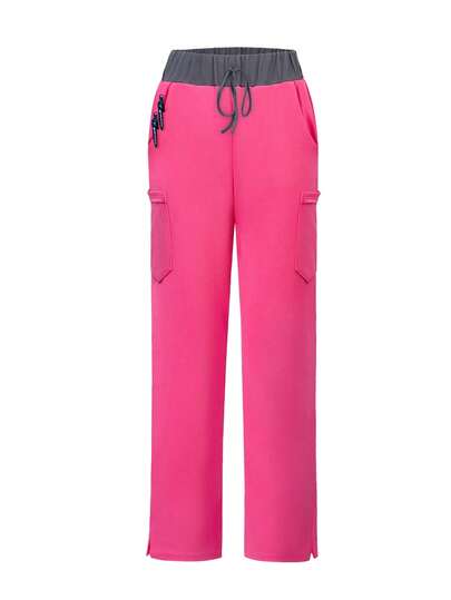 cimmuovere Women's Contrast Color Elastic Pants, Comfortable Pants, Solid Color Simple Multi-Pocket Pants