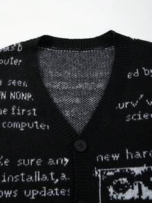 Unisex Retro Abstract Letter Pattern Knitted Long Sleeve Cardigan, Casual European & Asian Style, Suitable For Spring, Autumn, Winter