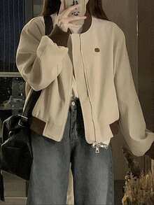 SAOYANGYU 女士休闲日常拼接撞色罗纹棒球夹克，小徽章装饰，宽松拉链款，270克梭织面料，春季款 - 杏色 - 查看 5