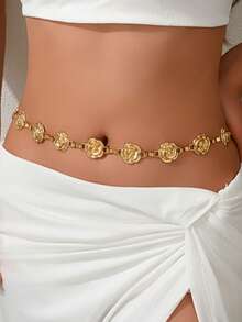 1 件复古时尚个性化金属做旧链玫瑰花流苏腰链，波西米亚高端百搭礼服腰带，适合任何场合的女性 - 金色 - 查看 3