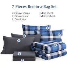 King Comforter Set, Classic Red Black Plaid-Piece Bedding Set, Farmhouse Lightweight All-Season Bed In A Bag With Sheets, Pillowcases & Shams, Home Decor - Xanh chàm - Xem 7