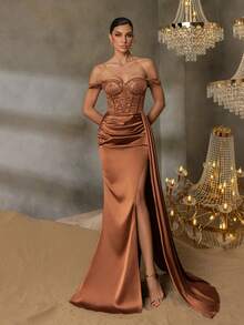 Faeriesty Đầm dạ hội trễ vai đính sequin viền satin tương phản - Đồng - Xem 4