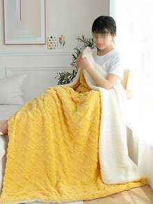 1 件黄色涤纶夏尔巴双面毛毯，纯色波浪图案双层毛毯，适合所有季节，温暖柔软，简约时尚床毯，适用于卧室、沙发、办公室、沙发床 - 黃色 - 查看 5