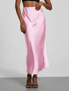 Se-Helo Fashion Women's Elastic Satin Feeling Satin Maxi Skirt - Crabapple Pink - Begonia Powder - View 6
