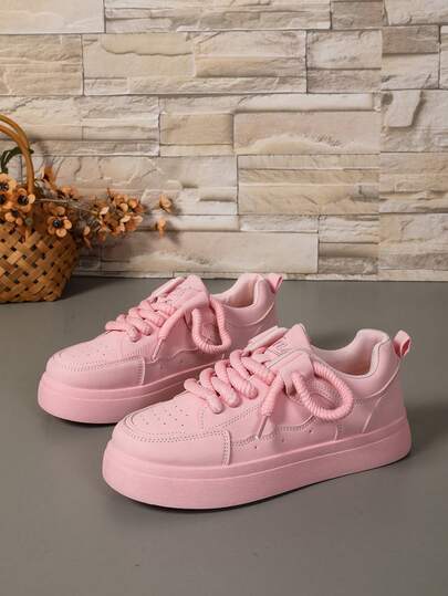 1 Pair Teenage Girls' Pink Platform Sneakers, Fashion Chain Ankle Decor, Breathable Anti-Slip Durable Design, Comfortable Casual Versatile Style, Suitable For Daily Wear And Campus Activities