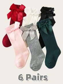 2/4/6双装圣诞系列红绿婴儿袜，西班牙风格蝴蝶结装饰公主长筒袜，适合幼儿女童 - 彩色 - 查看 1
