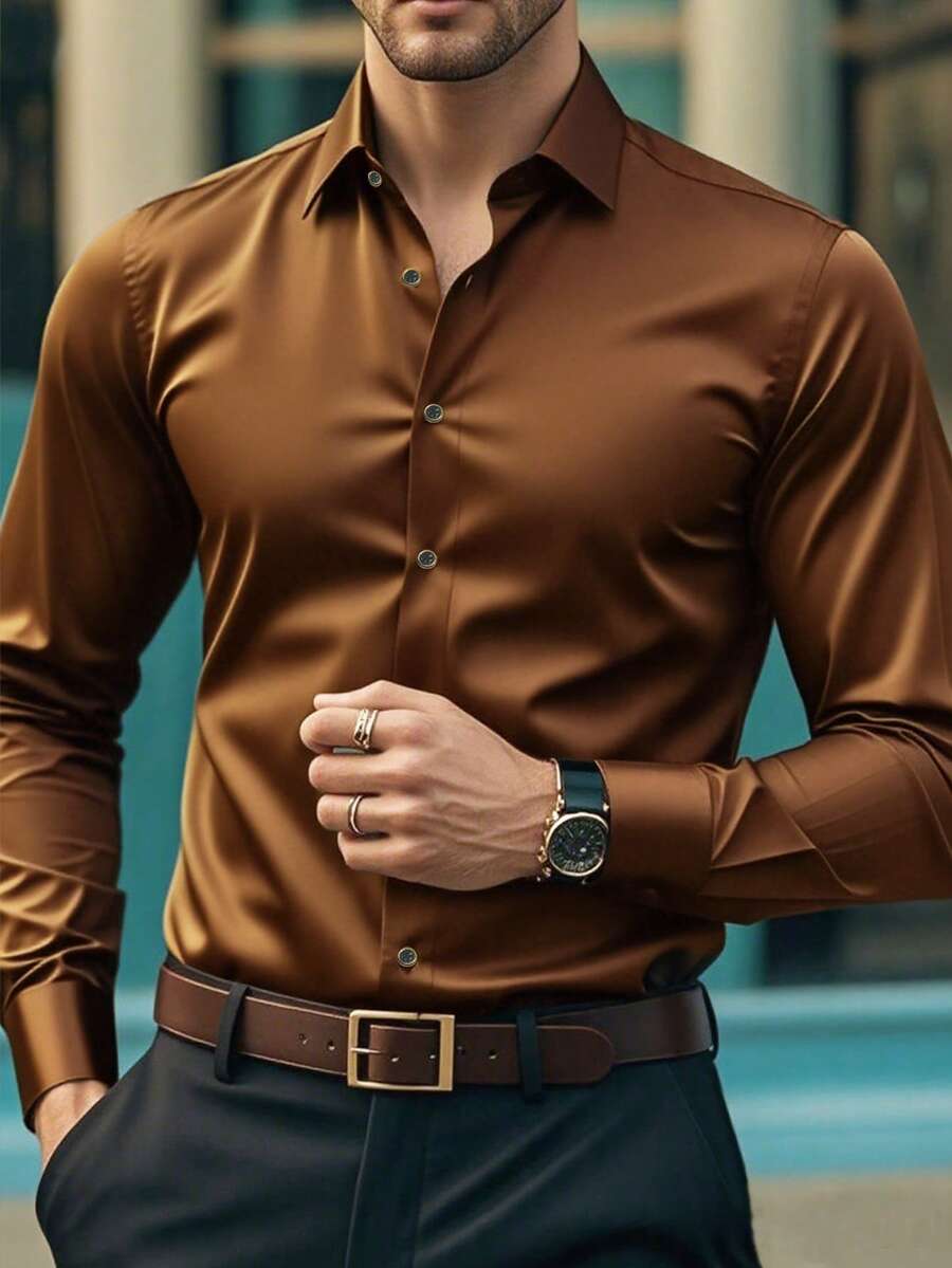 Áo sơ mi nam tay dài công sở thiết kế nút màu trơn