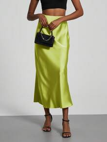 Women's Fashion All-Season Satin Elastic Waist Maxi Skirt - Reed Green - View 3