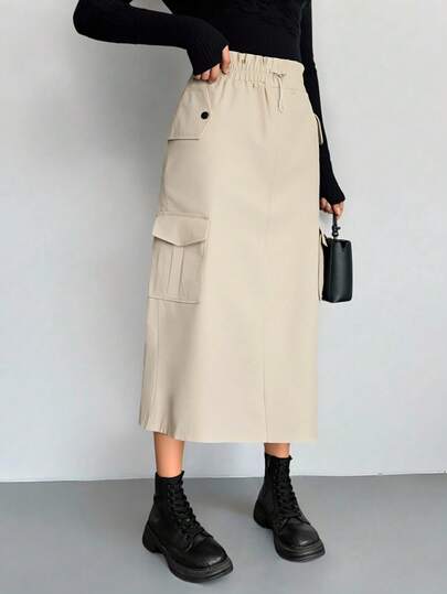 Falda midi estilo cargo con bolsillos laterales y cintura elástica, ideal para primavera y otoño, look casual urbano