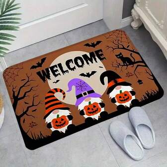 1pc Pumpkin Gnome Halloween Pattern Printed Doormat, Plush Crystal Velvet Mat For Indoor Outdoor Entrance, Living Room, Bedroom, Kitchen, Bathroom, Patio, Home Decor, Holiday Decoration