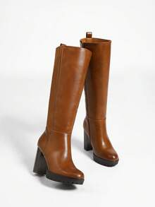Women's Pointed Toe Fashion Daily Commute High Heel Side Zipper Knee-High Boots - Camel - View 1