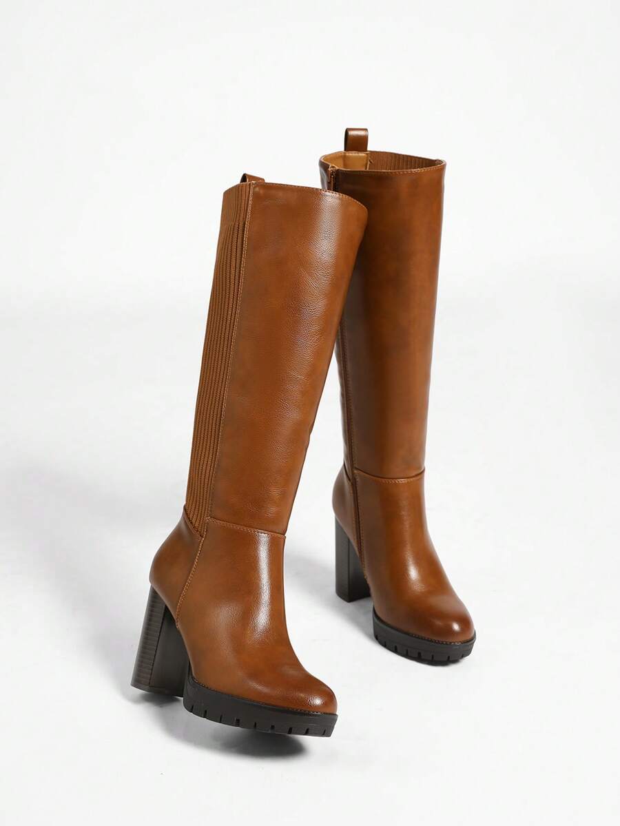 Women's Pointed Toe Fashion Daily Commute High Heel Side Zipper Knee-High Boots - Camel - View 1