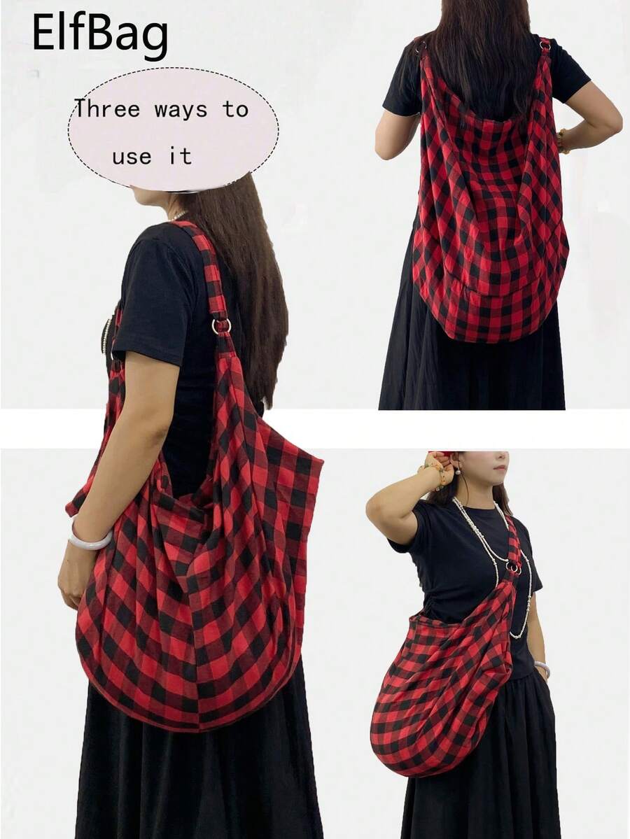 大容量可折叠格纹单肩包，个性化设计带拉链，女士斜挎包，休闲实用多用途手提包，适合工作、学习、旅行 - 彩色 - 查看 1