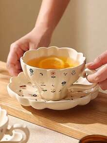 1 Set Taza y platillo de cerámica con flores silvestres románticas de primavera, Taza y platillo de café con flores frescas de verano, Taza de arte de latte ondulado, Plato de postre lindo, Plato para dulces, Ideal para reuniones al aire libre, picnics, decoración de cafés