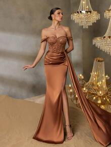 Faeriesty Đầm dạ hội trễ vai đính sequin viền satin tương phản - Đồng - Xem 6