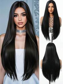 Temperament 26-Inch Mid-Section Black Long Straight Synthetic Heat-Resistant Fiber Wednesday Wig Women's Wig Perfect For Holiday Party Daily Wear - Black - View 3