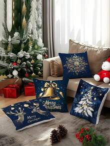 4 Stücke, einseitig bedruckter Kissenbezug, Blau und Gold Weihnachtsthema Schneeflocken und Glocken Serie Kissenbezug Set, 40x40cm/45x45cm/50x50cm, Heimdekoration Kissenbezug geeignet für Wohnzimmer Sofa und Schlafzimmer, Kissenkern nicht enthalten - Blau - Übersicht 8