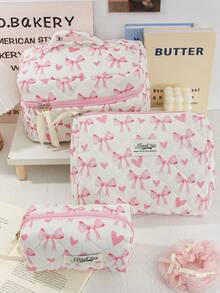 Pink Bow Pattern Cosmetics Storage Bag Large Capacity Travel Toiletry Bag Lovely Heart Print Makeup Bag Foam Quilted Travel Essentials Organizer Bag Cute Ribbon Bow Print Makeup Pouch Soft Fabric Skincare Storage Bag Small Items Storage Bag Soft Fabric Home Items Storage Bag Portable Cosmetics Organizer Bag With Zipper Make Up Holder Brush Bag - Pink - View 1