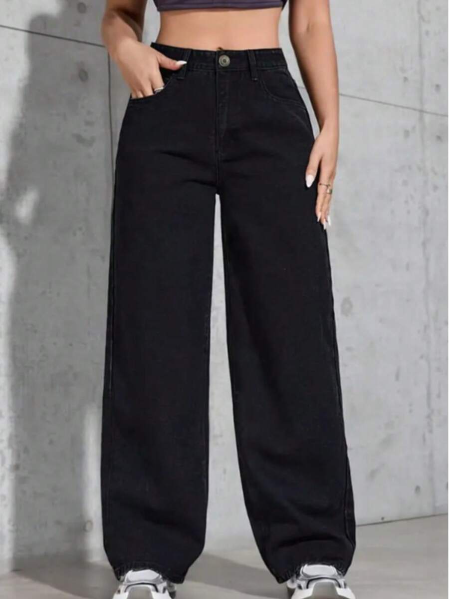 Women's Wide Leg High Waist Jeans - Black - View 1