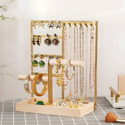 1pc Elegant Jewelry Organizer, 4-Tier Earring Holder With 48 Holes, 6 Hooks Necklace Storage, Stylish Wood Box For Bracelets & Rings, Perfect Gift For Mother's Day, Preppy Room Dr, Ideal For Valentine's Day, Thanksgiving, And Christmas Celebrations, Enhance Your Space With Functional And Chic Accessories, Must-Have For Fashion Lovers And Jewelry Enthusiasts, Organize Your Treasures In Style, Perfect For Gifting And Personal Use, Elevate Your Home Dr With This Versatile Jewelry Storage Solution.
